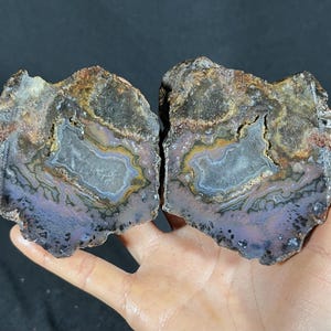 Könnte beinhalten: Zwei Hälften einer Geode mit einem zentralen Hohlraum, der mit hellblauen und grauen Kristallstrukturen gefüllt ist, umgeben von konzentrischen Bändern aus braunen, beigen und dunkelvioletten Mineralschichten mit rauem Rand.