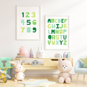 Nursery Alphabet ABC Poster Decor 123 Number Poster Green Classroom Educational Wall Art Printable Download Homeschool Baby Gift Set of 2