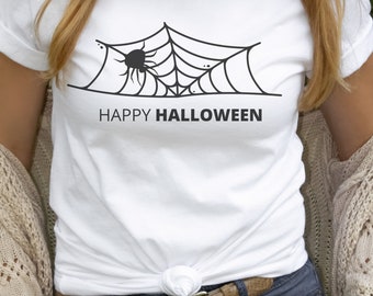 T-shirt araignée, chemise Happy Halloween, tendances Halloween 2022, chemise Happy Halloween, T-shirt blanc pour Halloween, cadeau pour les amoureux d'Halloween