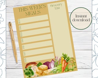Farmhouse Printable Weekly Meal Planner & Grocery List Template, A4 A5 US Letter PDF Digital Download, Daily Food Organizer Healthy Menu