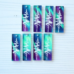 DIY Jewelry Making Blanks Reversible Northern Lights Engraved Pine Tree, Wholesale Bulk Earrings Charms Pendant