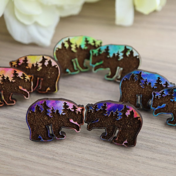 DIY Tiny Bear Wood Engraved Forest Stud Earring Blanks, Wholesale Bulk Jewelry Making Craft Supplies