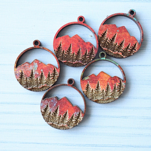 DIY Bulk Wood Engraved Forest Mountain, Copper Colors, Pendants, Necklaces, Wholesale Charms, Minimalist