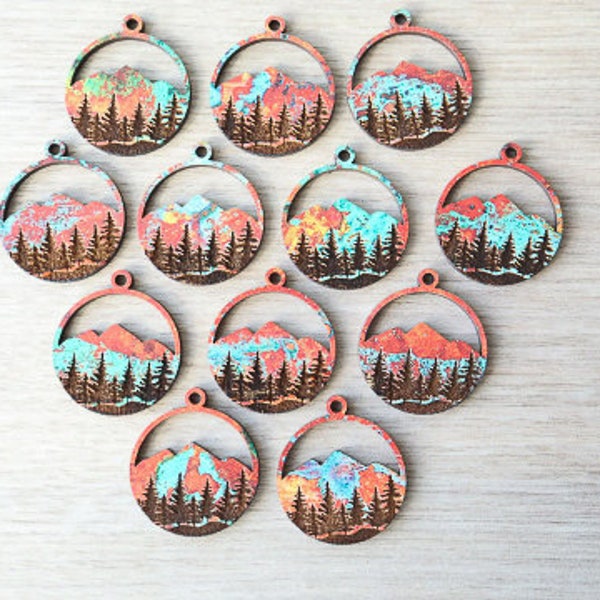 DIY 1” Blanks Patina Copper Color Bulk Wood Engraved Forest Mountain, Pendants, Necklaces, Wholesale Charms, Minimalist