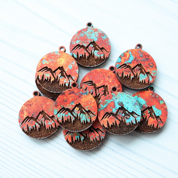 DIY Bulk Wood Engraved Mountains and Forest, Copper Mountain Pendant, Earring Pieces, Jewelry Making, Craft Supplie, Minimalist