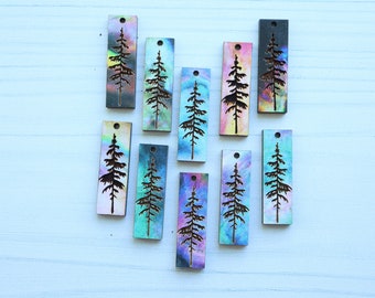 DIY Wood Pine Tree Engraved Bulk Earring Pendant Blanks, Water Color Pattern, Wholesale Jewelry Making, Craft Supplies