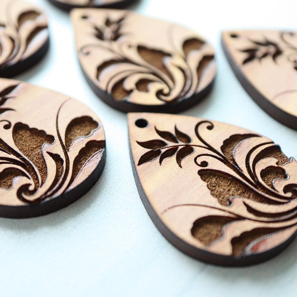 DIY Bulk Wholesale Wood Earring Pendant Blanks, Tear Drop Floral Engraved, Craft Supplies, Jewelry Making