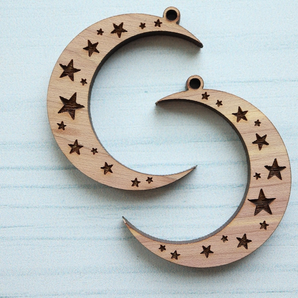 DIY Wood Celestial Crescent Moon and Stars Blanks Earrings Necklace Charm Pendant, Wholesale Bulk Crafting Supplies