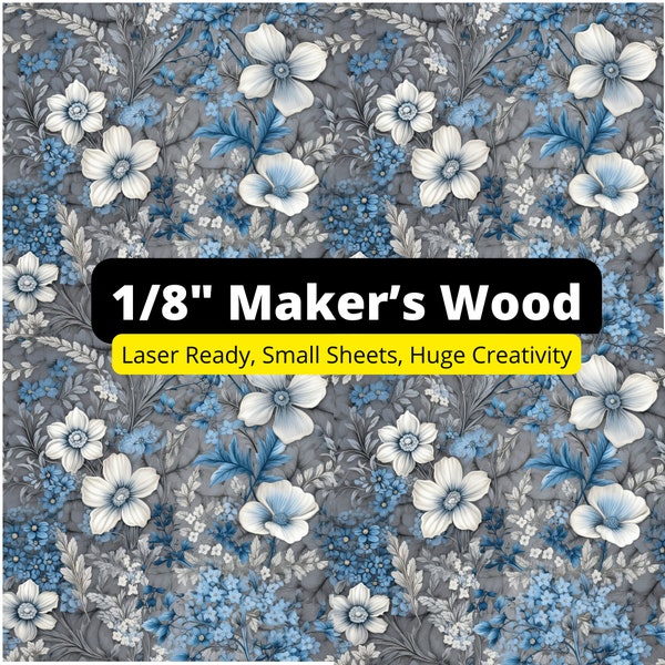 1/8" Pattern Print Maker's Wood Vintage Blue Floral Minimalist Laser Ready Small Sheets Vibrant Colorful Prints