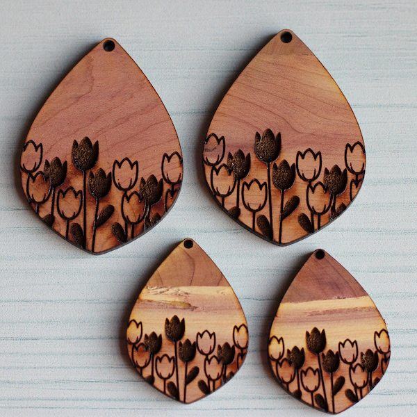 DIY Tulip Engraved Wood Pendant Earrings Wholesale Bulk Jewelry Making Craft Supplies