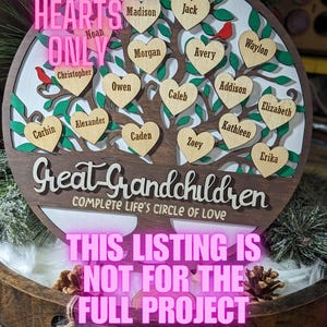 Könnte beinhalten: Ein Holzbaum mit Herzen an den Ästen. Jedes Herz trägt einen Namen. Der Text unten lautet "Great Grandchildren Complete Life's Circle of Love".