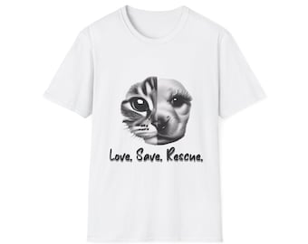 Camiseta Rescue Love, diseño lindo de gato y perro, camiseta de rescate de animales, regalo para amantes de las mascotas, ropa ecológica, camiseta de estilo suave