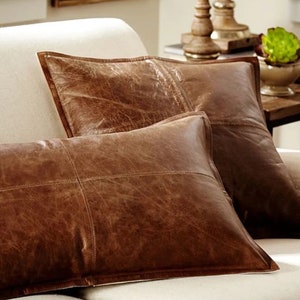Genuine Lambskin Leather Pillow Cover - Sofa Cushion Case - Decorative Throw Covers for Living Room & Bedroom - Antique Brown  Bestseller