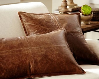 Genuine Lambskin Leather Pillow Cover - Sofa Cushion Case - Decorative Throw Covers for Living Room & Bedroom - Antique Brown  Bestseller