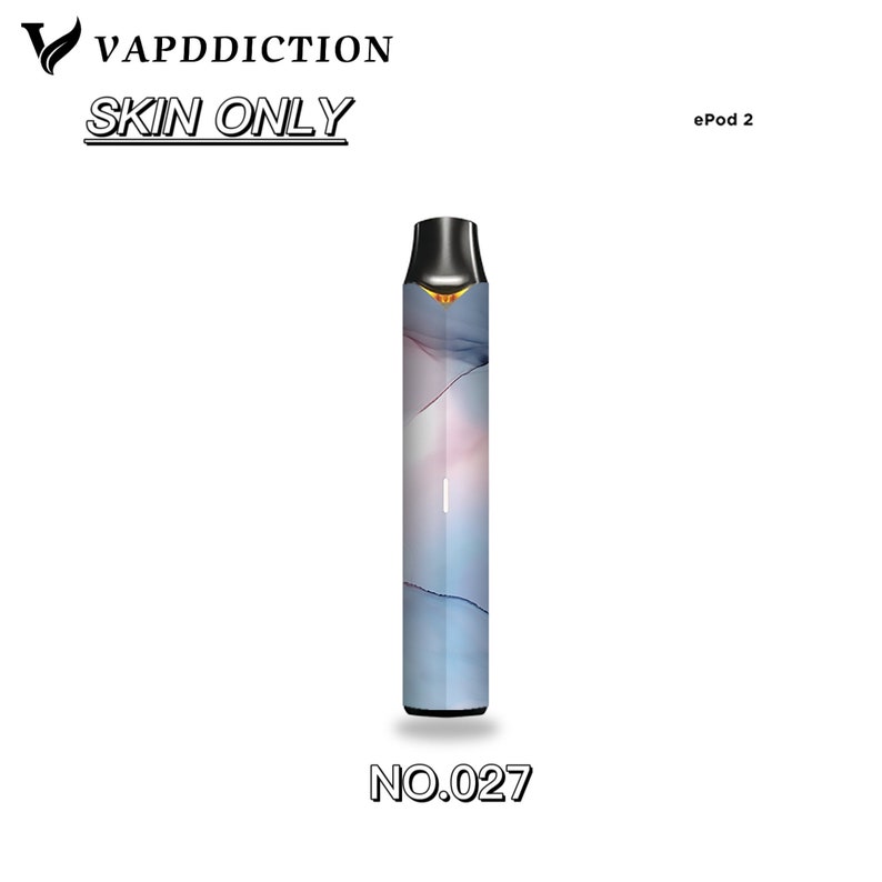 Puede incluir: Una funda para vapeador con dise&ntilde;o de m&aacute;rmol en tonos azules, rosas y blancos. La funda es para un dispositivo ePod 2 y presenta el texto "SKIN ONLY" y "NO.027". La parte superior del dispositivo es negra.