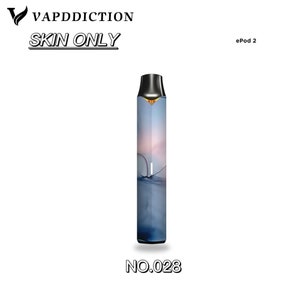Puede incluir: Una funda para vape pen con un dise&ntilde;o abstracto en azul, rosa y blanco. Las palabras "VAPPDDICTION" y "SKIN ONLY" est&aacute;n en la parte superior. El n&uacute;mero "NO.028" est&aacute; en la parte inferior. El producto est&aacute; etiquetado como "ePod 2".