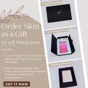Puede incluir: Imagen promocional con texto "Order Skin as a Gift" y ejemplos de embalaje de productos. Incluye un sobre negro con un sello de cera, una caja negra con una bolsa hologr&aacute;fica y un marco negro.