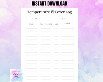 Temperature & Fever Log, Fever Chart for Sick Child Log
