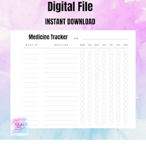 Könnte beinhalten: Ein druckbarer Medikamententracker mit weißem Hintergrund und schwarzem Text. Der Tracker hat einen Bereich für die Woche von, Medikament und Wochentage. Es gibt 10 Reihen Kreise für jeden Wochentag.