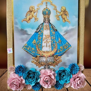 Virgen de San Juan de Los Lagos canvas with handmade paper flowers. Our Lady of San Juan de Los Lagos
