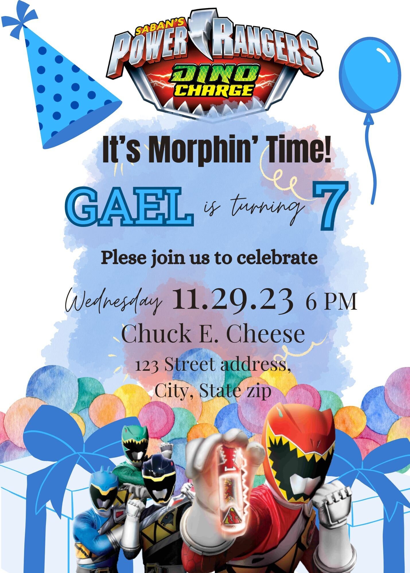 Power Rangers Dino Charge birthday party invitation