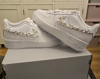 Custom bridal pearl and diamond Air Force 1 trainers