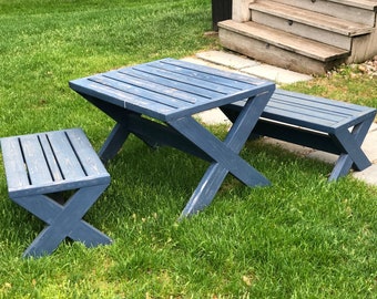 Houtbewerkingsplannen voor picknicktafel en bank voor kinderen