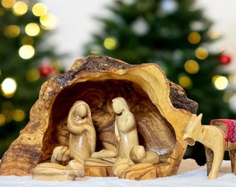 Rustic Olive wood Nativity Scene in a Cave, Olive wood Nativity set, wooden hand carved nativity scene, hand carved in the Holy Land