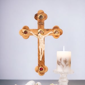15 inches Large Wall Hanging Crucifix, Olive wood Crucifix with Holy Relics, Olive wood Crucifix handmade in Bethlehem, the Holy Land