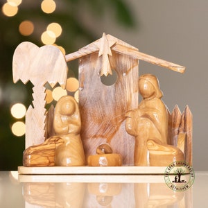 Olive wood hand made nativity scene, Olive wood nativity set, wooden simple crèche, religious Christmas decor made in the Holy Land