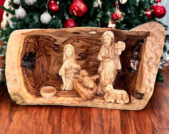 Olive wood nativity set, olive wood nativity set in a cave, hand carved nativity scene, wood nativity set made in the Holy Land