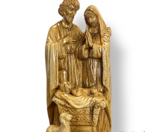 Large Olive Wood Holy Family Nativity | Hand-Carved Holy Family Statue Masterpiece from the Holy Land 12 inches | Religious Christmas Decor