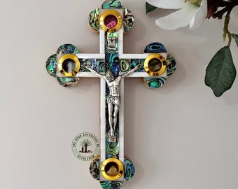 7 inches Olive wood Crucifix with abalone shell and mother of pearl hand made in Bethlehem, the Holy Land