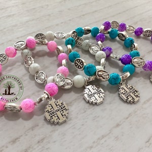 Jerusalem Stone & Jerusalem Cross bracelet, Cross bracelet, hand made in Bethlehem, the Holy Land, Natural stone Religious bracelet
