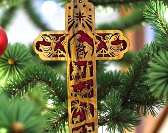 Olive Wood Nativity Cross Ornament | Holy Land Hand-Carved Christmas Cross with Red Velvet Back