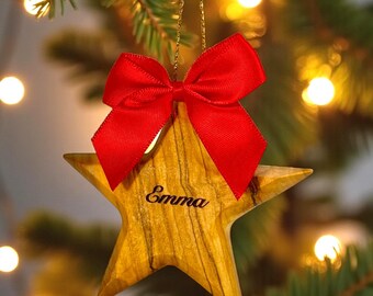 Personalized Olive Wood Star Ornament  • Custom Name Ornament • Ornament keepsake with Red Bow & Mesh Bag