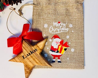 Personalized Baby&Child wooden Star Ornament, personalized baby’s first Christmas ornament, hand carved olive wood star ornament in gift bag