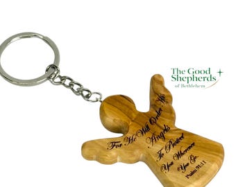 Hand-Carved Olive Wood Angel Keychain: Holy Land Keepsake