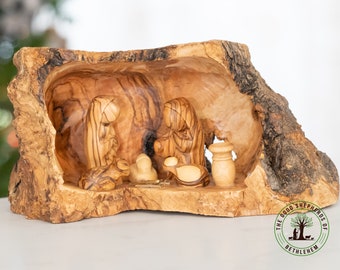 Olive wood Nativity set inside olive wood tree cave, hand carved in the Holy land, olive wood nativity scene