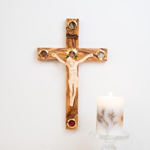 14 inches Large Wall Hanging Crucifix, Olive wood Crucifix with Holy Relics, Olive wood Crucifix handmade in Bethlehem, the Holy Land