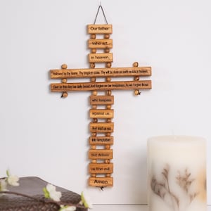 The Lord&#39;s Prayer Wall Hanging Olive wood Cross, Our Father Prayer Olive wood wall hanging cross, hand made in the Holy Land