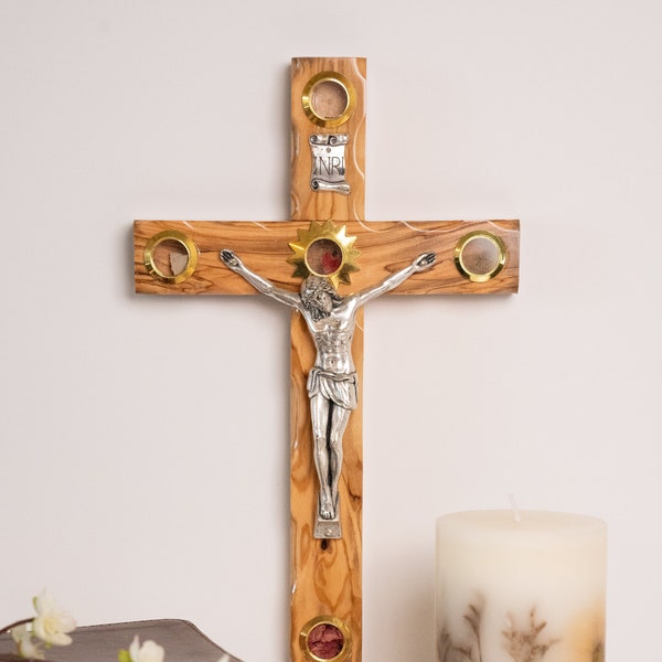 12" Large Wall Hanging Crucifix, Olive wood Crucifix with Holy Relics, Olive wood Crucifix handmade in Bethlehem, the Holy Land