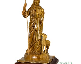 Masterpiece Jesus the Good Shepherd Statue | Highly Detailed Olive Wood | Good Shepherd Statue Hand-Carved in Bethlehem | Spiritual Decor