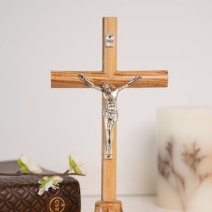 5.5&quot; Standing Crucifix, Olive wood hand carved Standing Crucifix, made in The Holy Land, Wooden Crucifix religious home decor