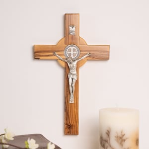 St. Benedict cross Olive wood wall hanging Saint Benedict made in the Holy Land Saint Benedict Crucifix Catholic Crucifix