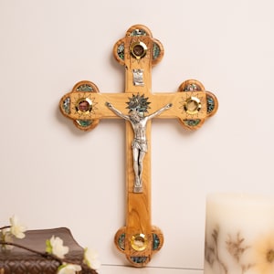 11 inch Olive wood Cross with Mother of Pearl, 11 inch olive wood Cross Crucifix with Relics from the Holy Land, Wall Hanging Cross for home