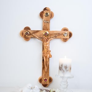 XLarge 21&quot; olive wood Wall Hanging Crucifix, Olive wood Crucifix with Holy Relics, Olive wood Crucifix handmade in Bethlehem, the Holy Land