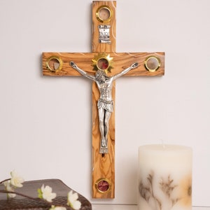 12&quot;  Large Wall Hanging Crucifix, Olive wood Crucifix with Holy Relics, Olive wood Crucifix handmade in Bethlehem, the Holy Land