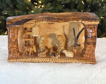 Olive Wood Nativity Scene in cave – Hand Carved olive wood nativity scene with Fixed Figurines in a Cave made in Bethlehem - Nativity Scene