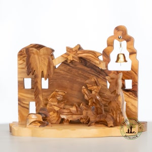 Olive wood Nativity Scene with Bell, One piece wooden nativity Set handmade in the Holy Land, Christmas Nativity secene Decor